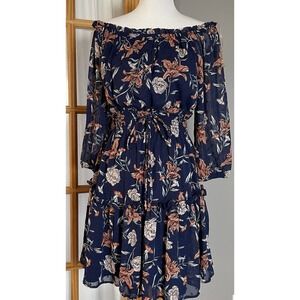 Ryan Michelle Tiered Floral Dress M Navy Off The Shoulder Belted Boho Romantic